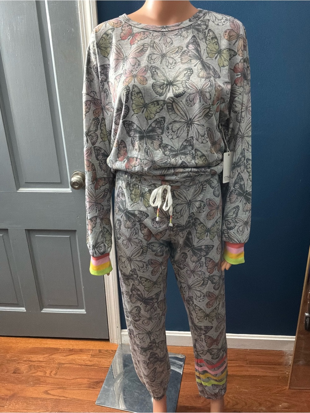 PJ Salvage Gray Butterfly Print Pajama Set with Rainbow Trim